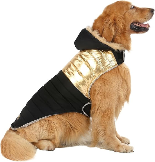HDE Dog Puffer Jacket Fleece Lined Warm Dog Parka Winter Coat with Harness Hole 90s Black and Gold Metallic - XXL