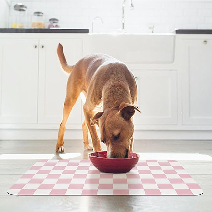 CooRug Checkered Dog Food Mat, Absorbent Leak-Proof Pet Feeding Mat, Quick Dry Cat Food Mat for Messy Drinkers 12" x 20" Pink