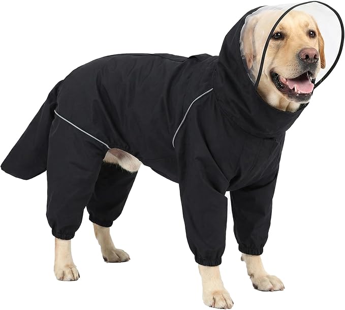 Dog Raincoat for Medium Large Dogs,rain Jacket Coat, Full Leg Coverage Waterproof Rain Suit with Detachable Hood & Tail, Reflective Strips, Snag-Free Top Zipper (Black for Girl, X-Large)