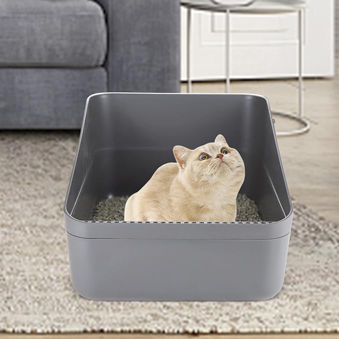 Sfozstra Grey Open Top Cat Litter Box - Medium, Removable Liner & Sifting Tray, High Sides Leak-Proof, Odor-Reducing, Durable ABS, for Small Cats Up to 13 lbs