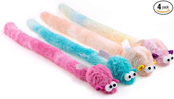 CHIWAVA 4 Packs 15 Inch Long Soft Plush Cat Toys Mice with Bell Rustle Sound Small Mouse Activity Interactive Toy