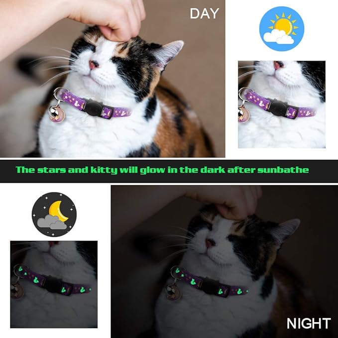 Baeuppit 2PCS Breakaway Cat Collars with Bell Cute Kitty Glow in The Dark Adjustable Kitten Collars 7.9-13.0 Inch(Purple&Pink)