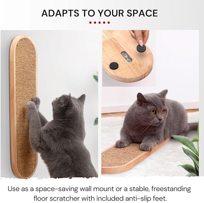 7 Ruby Road Indoor Cat Wall Scratcher — Multidirectional Sisal Scratch Pad & Board for Furniture Protection, Space-Saving Wall or Floor Use, Solid Rubberwood, All Breeds (Natural)