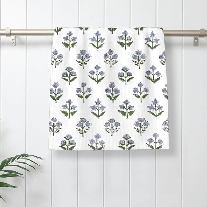 Blue Sage Green Floral Kitchen Towels Vintage Block Print Dish Towel 16×24 Inch Soft Absorbent Spring Summer Flowers Hand Cloths Decorative for Kitchen Drying Set of 2