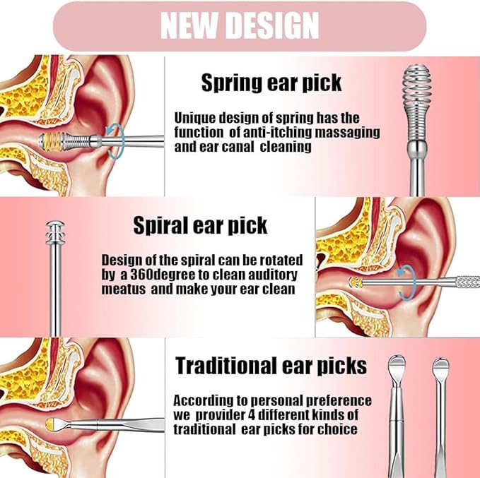 6 Pcs Ear Pick Earwax Removal Kit, Ear Cleansing Tool Set, Ear Curette Cleaner, 360° Spiral Design Ear Canal Cleaner Stainless Steel, with a Storage Box Portable Kit for Home and Travel(Pink)
