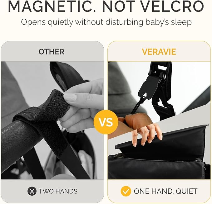 VERAVIE One Hand Stroller Caddy Organizer, Universal Cup Holder & Phone Holder for Stroller, Double Stroller Organizer, Magnetic Closure, Detachable Shoulder Strap, Wonderfold Wagon & Pet Stroller