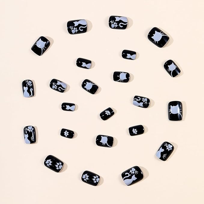 yefiuo Summer Press on Nails Short Square Black Fake Nails Press ons Cat Paws Glossy Acrylic False Nails Glue on Nails Reusable Nail Tips Kit Full Cover Stick on Nail Supplies for Women Girls 24Pcs