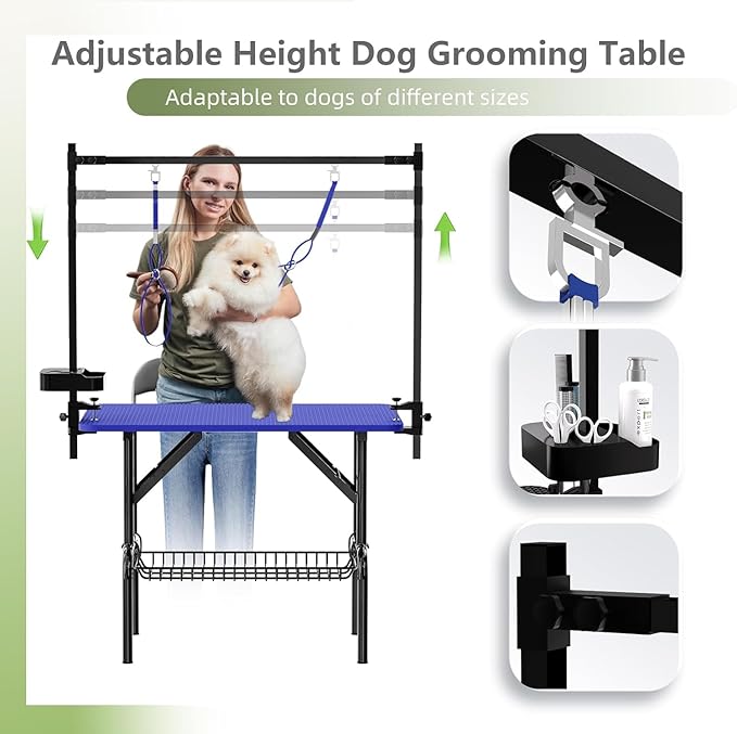 Professional Dog Pet Grooming Table Adjustable Heavy Duty Portable w/Arm & Noose & Mesh Tray (36", Blue)