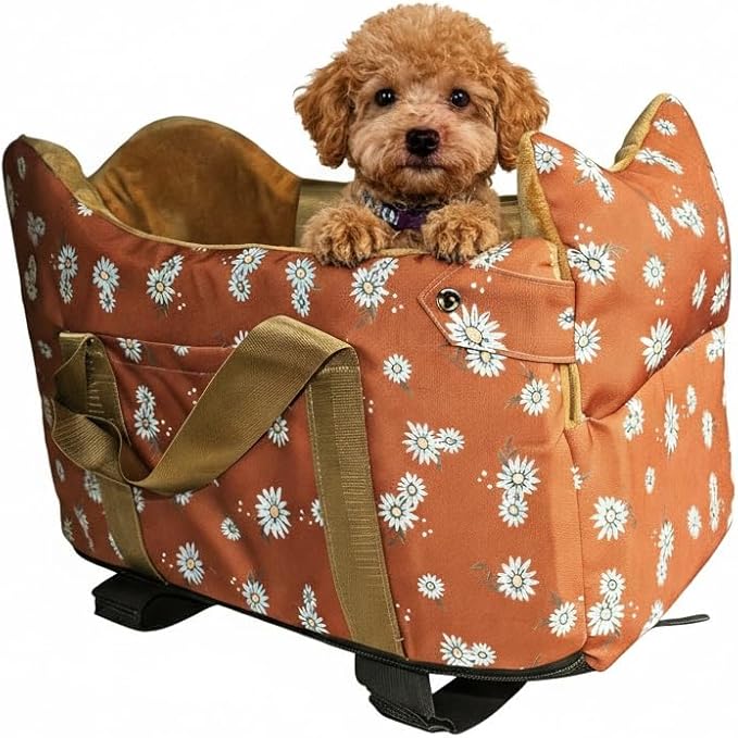 Dog Center Console Car Seat – Small Dog Booster Seat, Portable Armrest Car Travel with Anti-Collapse Design, Washable Fluffy Cushion & Pillow, Up to 15 lbs (Coffee Color)