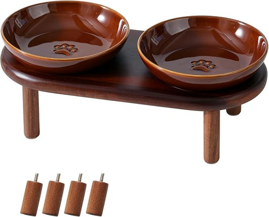 Havniva Elevated Cat Bowls Raised Ceramic Cat Bowl, 5.9” Wide Opening Cat Food Bowl Whisker Friendly Cat Dish Anti-Slip with Wood Stand, Shallow Pet Food & Water Bowl for Indoor Cats