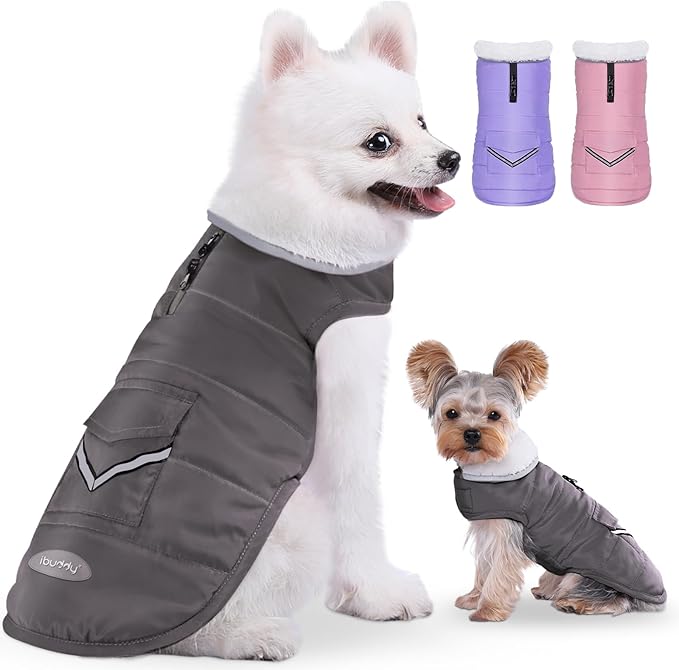 Dog Winter Jacket for Medium Dogs, Easy on Dog Fleece Snow Coat Velcro Waterproof Pet Puffer Clothes with Harness Hole Adjustable Reflective Quilted Pet Cold Weather Vest Wind-poof for Boy Male