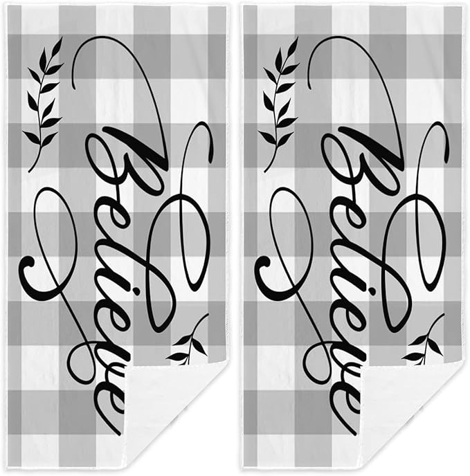 Christmas Believe Hand Towels Set of 2 Winter Christmas Grey White Buffalo Plaid Checkered Absorbent Bathroom Towel Soft Xmas Decorative Towels for Bathroom, Hotel 29.1 X 13.8 Inch