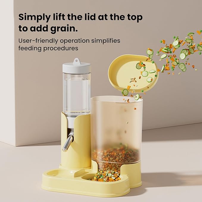 2 in 1 Hamster Water Bottle, Automatic Feeder, No Drip Small Animal Water Dispenser Food Bowl for Syrian Dwarf Hamsters, Gerbils, Mouse, Hedgehog, Hamster Cage Accessories (Yellow)