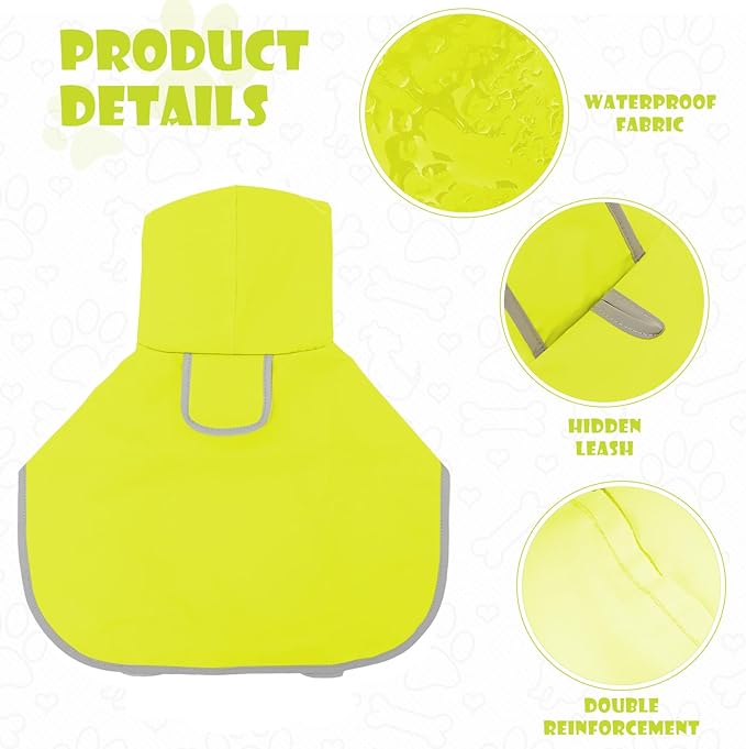 Dog Raincoat for Large Dogs - Waterproof Jacket with Clear Hood, Adjustable Belly Strap - Neon Green, XL
