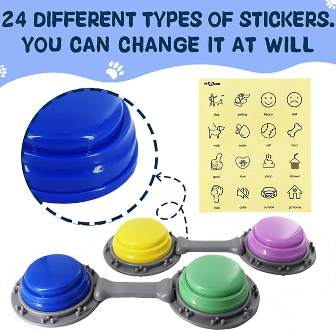 Set of 4 Talking Buttons for Cat and Dog Training, Funny Engravable Voice Command Buttons with Placement Stickers, Colorful and Customizable - Y, G, P, B