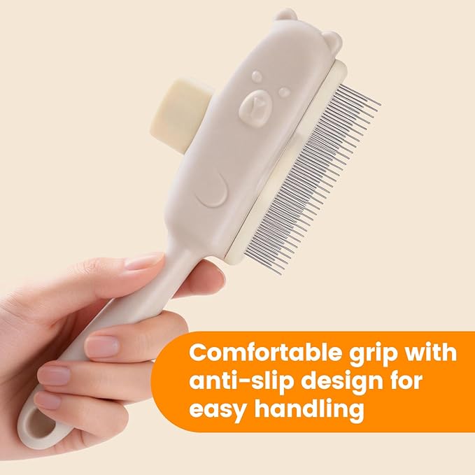 Self-Cleaning Pet Grooming Brush for Dogs & Cats - One-Click Hair Release Button, Stainless Steel Rounded Teeth, Ivory White Brush for Removing Loose Fur, Knots & Dander White