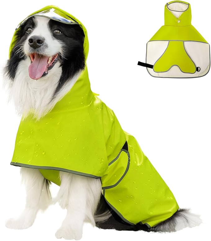 Dog Raincoat, Waterproof Windproof Dog Rain Jacket with Hood, Rain Coat with Leash Hole, Adjustable Raincoat Poncho for Small Medium Large Dogs Outdoor (Neon Yellow, XL)