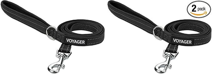 Voyager Reflective Dog Leash with Neoprene Handle, 5ft Long, Supports Small, Medium, and Large Breed Puppies, Cute and Heavy Duty for Walking, Running, and Training - Black (Leash), S (Pack of 2)