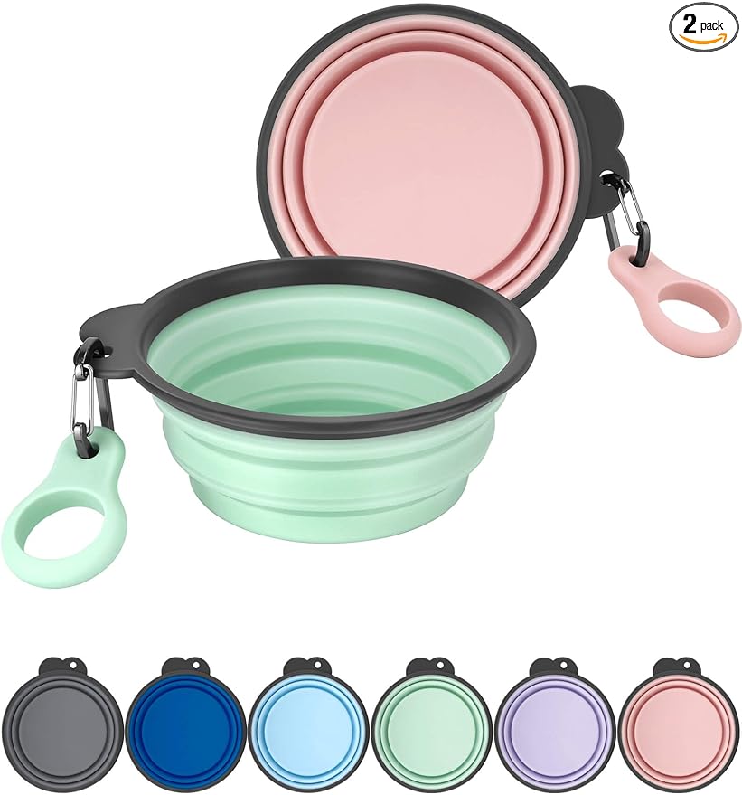 Aonkey Collapsible Dog Bowls with Bottle Carrier, 2 Pack Travel Dog Water Bowl Upgraded Carabiner, One-piece Molded Rim No Fall Off or Crack, Foldable Silicone Portable for Pets Walking Hiking 15oz