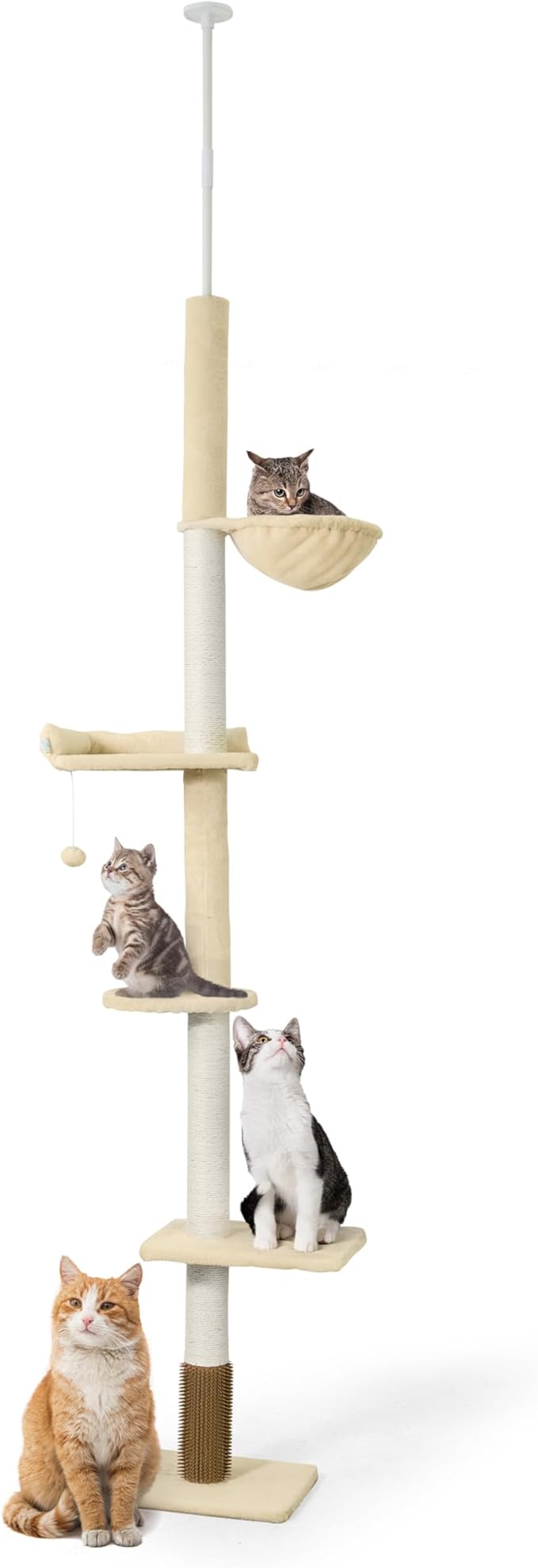 BOWHAUS Floor to Ceiling Cat Tree, Adjustable Height 104”-115” Multi-Tier Cat Climbing Tower w/Itching Scratcher, Cozy Hammock, Interactive Playball, Platforms for Indoor Cats, Beige