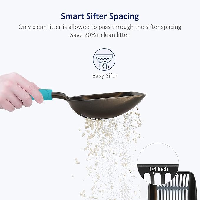 WePet Cat Litter Scoop, Non-Stick Plated Aluminum Alloy Sifter, Kitty Durable Metal Scooper, Deep Shovel, Long Handle, Kitten Pooper Lifter, Size Medium, Coated Black Body with Turkish Blue Handle