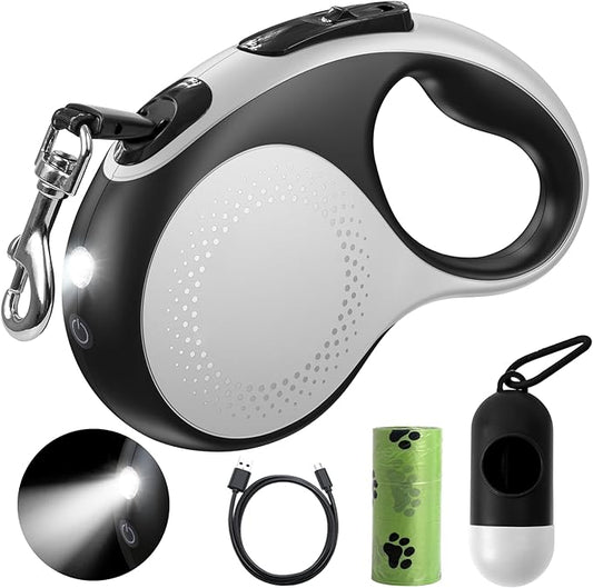 Retractable Dog Leash with Led Light, Douexio 16ft Heavy Duty Dog Leash Retractable for Medium Large Dogs Up to 110lbs,360° Tangle-Free, One-Button Control, High Strength Hook (White, 66-110lbs)