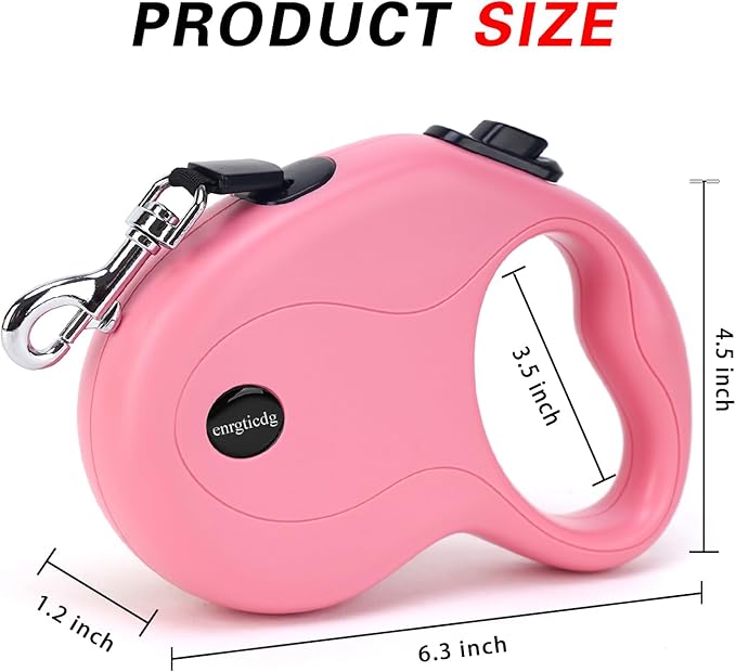 enrgticdg 16Ft Retractable Dog Leash,Light Weight Leash for Small to Medium Dogs/Cats Up to 50lbs,Stainless Steel Spring Strong Nylon Tape, Tangle Free, One-Handed Brake.(Pink-Black)