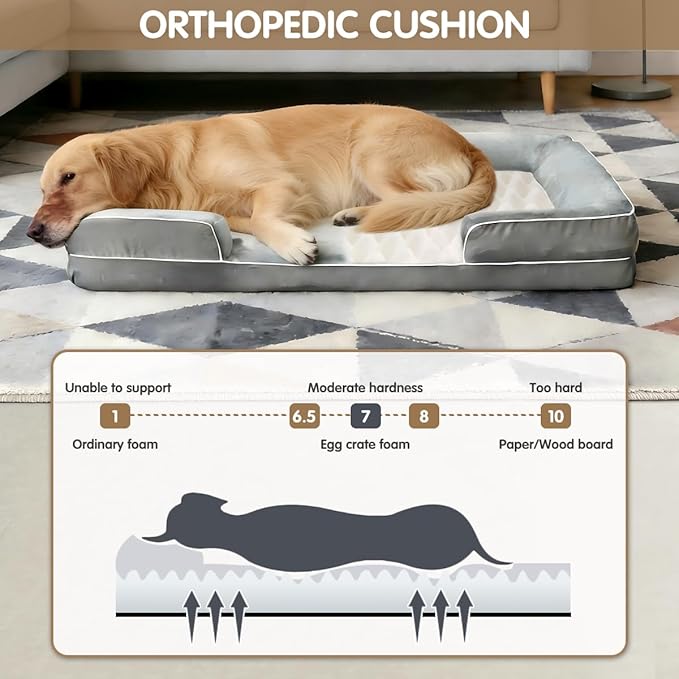 Orthopedic Dog Bed Set for X Large Dogs,Memory Foam Bed 42x30inch,Washable Removable Cover with Dog Bed Bolster Pillows & Egg Crate Support,Grey,