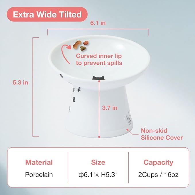 Necoichi Elevated Cat Food Bowl, Ceramic (Porcelain),15° Tilted, Whisker-Friendly, Dishwasher, Microwave Safe, Non-Slip, Anti-Vomiting, Neck Fatigue (Extra Wide Tilted, 1.5-Cup Capacity)