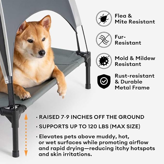 FUNNY FUZZY Elevated Dog Bed with Canopy for Small Dogs, 24"x18"x7" Cooling Outdoor Pet Cot with UV Protection, Breathable Mesh for Cooling, Indoor & Outdoor Use for Dogs, Grey