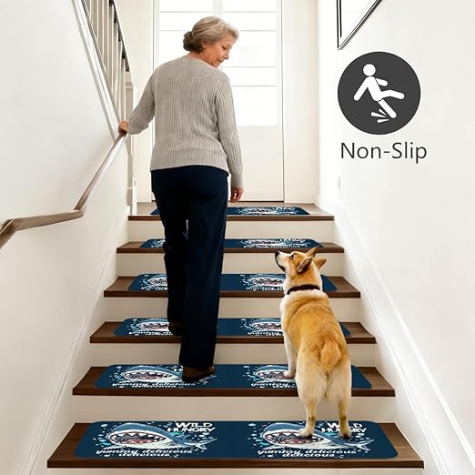 Animal Cartoon Shark Cute Stair Treads for Wooden Steps Indoor Washable Staircase Carpet 10PCS 30"x7.8" Stair Step Treads Non-Slip Staircase Covers Peel and Stick Safety Mat for Kids Elders Pets