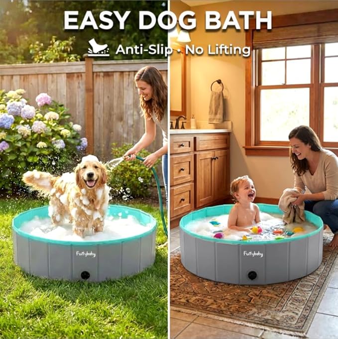Furrybaby Dog Pool, Kiddie Pool Hard Plastic Foldable Dog Pools for Large Dogs Portable Pet Doggie Wading Swimming (Grey 47'') Indoor and Outdoor