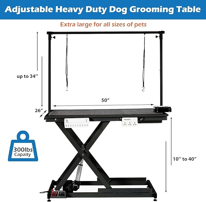 50" Heavy Duty Dog Grooming Table with Aluminium Overhead Arm,Electric Hydraulic Grooming Table with 6 USB Ports for Large Dogs 300 LBS Foot Control
