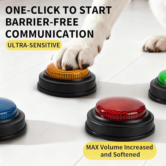 4 Pack Recordable Dog Communication Buttons with LED Light, Custom Voice Recording Pet Training Buzzers, Multi Color Pet Talking Buttons for Dogs & Cats Interactive Training Toy | 4PCS recordable pet buttons with custom voice & LED flash; big sensitive...