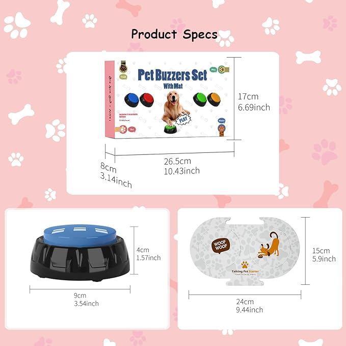Dog Buttons for Communication, 4 PCS Talking Button for Cats and Dogs, 30 Second Voice Recordable Pet Training Buzzer with Waterproof Mat 25 Scene Stickers