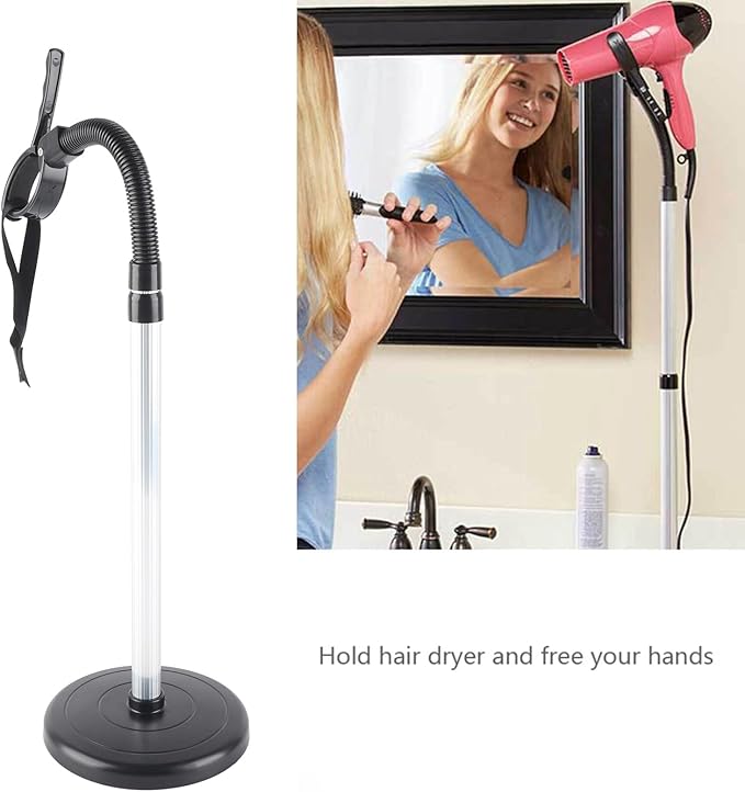 Adjustable 93.5cm Height Hair Dryer Stand Holder with Flexible Neck and Heavy Base for Home, Salon and Pets in Black and Silver