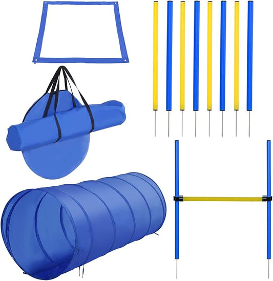 4PC Obstacle Dog Agility Training Course with Jump Hurdle, Tunnel, Pause Box, Weave Poles and Carrying Bag