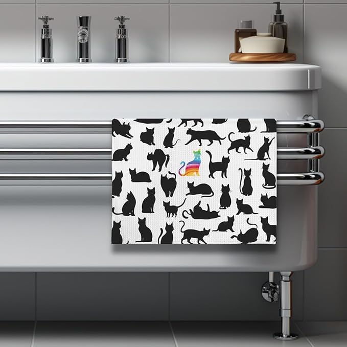 Funny Kitchen Towels - Rainbow Prismatic Feline Centerpiece Among Midnight Cat Flock, Empowering Decorative Hand Towel for Unique Cat Ladies & Nonconformist Pet Moms | Quick-Dry Novelty Dish Cloth