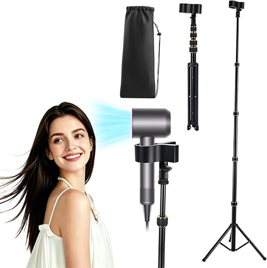 Hands Free Hair Dryer Stand with Tripod, 26-76 Inch Adjustable Height, 180° Rotating Universal Clip, Foldable Metal Blow Dryer Holder for Bathroom Vanity Makeup Room Home Styling & Pet Grooming, Fits Most Hair Dryers