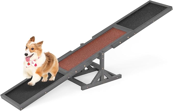 PETSITE Wooden Dog Agility Seesaw, Dog Exercise & Play Set, Outdoor Run Game Toy, Climbing Platform Balance Training Equipment, Weatherproof Pet Supplies for Backyard Obstacle Courses (Grey)