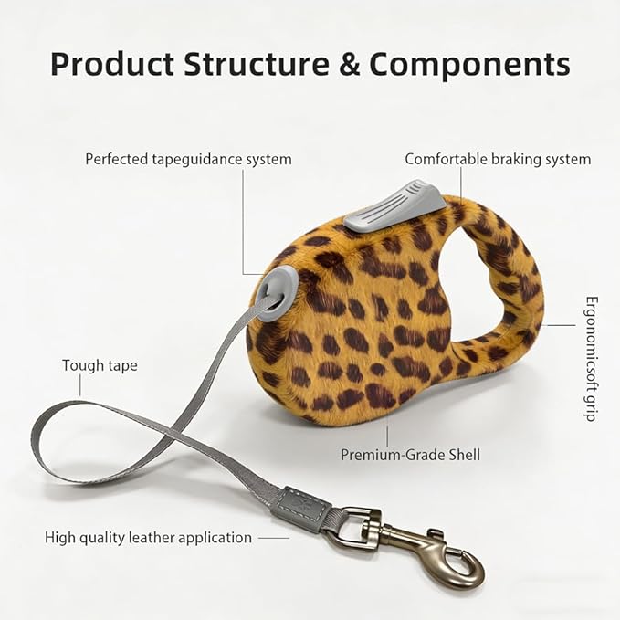 Retractable Dog Leash for Medium & Large Dogs up to 80 lbs, One-Handed Brake, 180kg Strong Nylon Tape, Tangle Free, Anti-Slip Handle (M & L Size) (Leopard Print, M-4M)