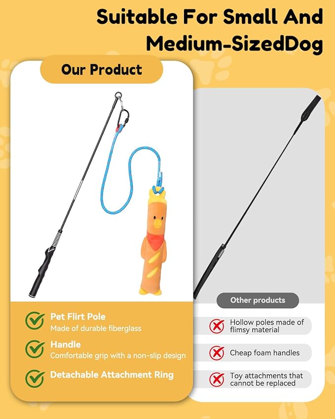 BurgeonNest Flirt Pole for Dogs, Interactive Dog Toy for Medium Small Dogs, with Replaceable Yellow Duck Toy & 2 Rope Toys, Dog Exercise Pole for Outdoor Training & Chase
