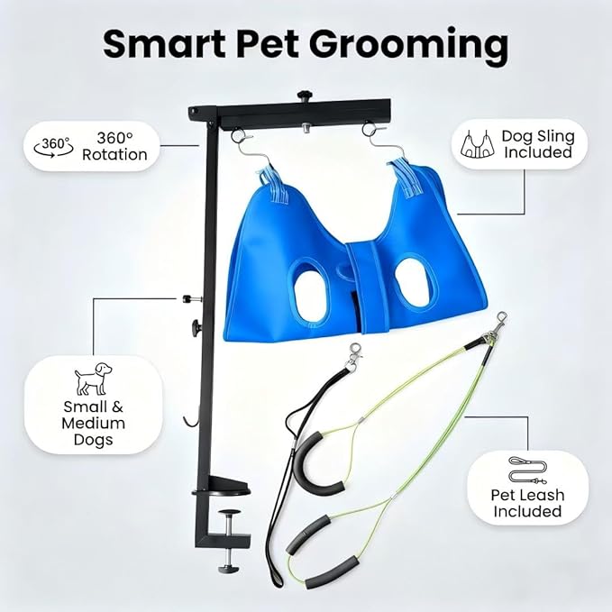 Dog Grooming Arm with Hammock Rotatable, Foldable Adjustable Height Dog Grooming Table Arm and Restraint Leashes for Small Medium Dogs at Home or Salons