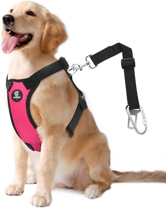 VavoPaw Dog Seat Belt, Safety Vest Dog Car Harness with Adjustable Buckle, Heavy Duty Dogs Seat Belt for Vehicle Nylon Pet Safety Seats Belts, L, Magenta