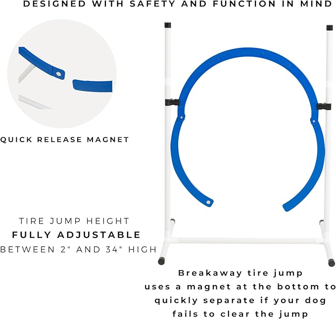Better Sporting Dogs Elite Agility Set for Dogs w/Safety-Focused Features | 7Pc Agility Kit | (2) Bar Jumps w/Cup Strips | Breakaway Tire Jump | 6 Weave Poles | (2) 10’ Tunnel & Sandbags | Pause Box