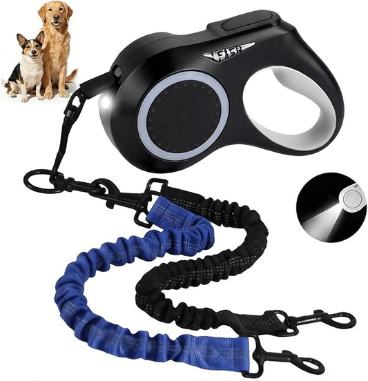16.4ft Dual Retractable Dog Leash for Medium Dogs 35–55 lbs, USB Rechargeable LED Light, 360° Tangle-Free, Detachable Front Lead & Emergency Ready, Reflective Elastic(Black)