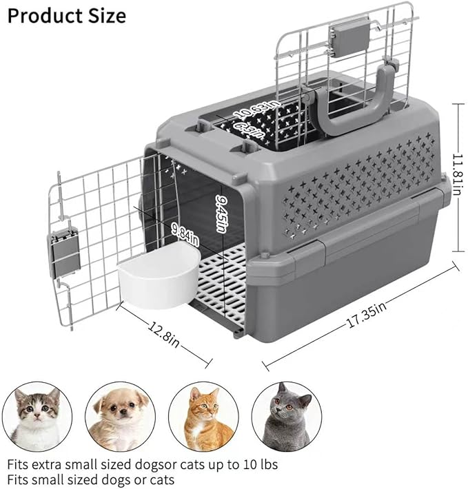 RIZZARI Grey Small Hard Sided Pet Carrier, Portable Ventilated Travel Crate with Metal Door and Handle for Small Dogs and Cats, Perfect for Car Rides, Vet Visits and Daily Use