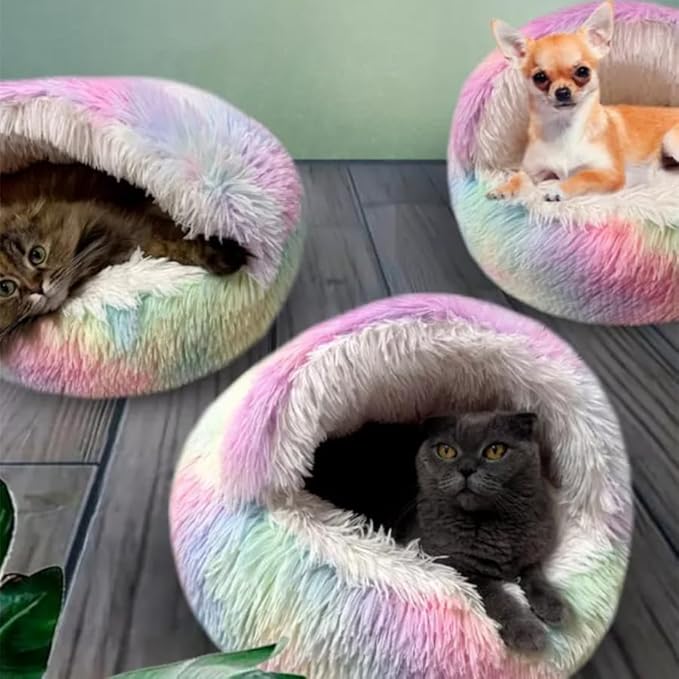 Cat Bed Round Fluffy Hooded Cat Bed Cave, Anti-Anxiety Cave Bed with Hooded Blanket, Cozy Cuddler Luxury Puppy Pet Bed, Anti-Slip Bottom and Machine Washable