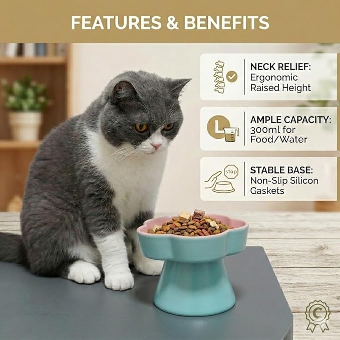 Elevated Ceramic Slow Feeder Cat Bowl, 15° Tilted Feeding Dish Helps Reduce Fast Eating and Vomiting, Whisker-Friendly Heavy Smooth Matte Ceramic, Dishwasher Safe (Blue/Pink)