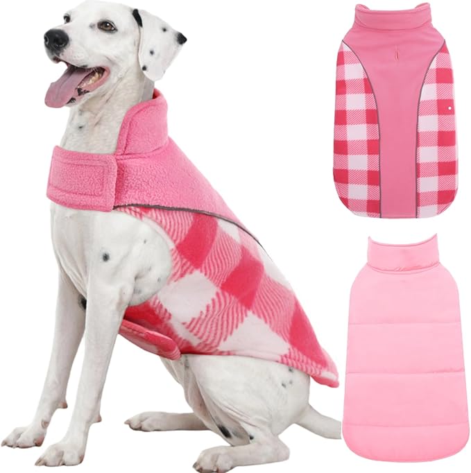 Kuoser Dog Winter Coat, Reversible Waterproof Dog Jacket with Reflective Strip, Warm Dogs Fleece Vest Adjustable Doggy Cold Weather Clothes Plaid Christmas Outfit Pet Apparel for Large Dogs, Pink 2XL